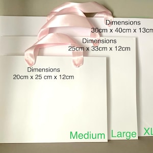 May include: Three white gift bags of varying sizes, each with a pink ribbon handle. The dimensions are listed on each bag: 20cm x 25cm x 12cm, 25cm x 33cm x 12cm, and 30cm x 40cm x 13cm. The bags are labeled Medium, Large, and XL.