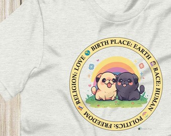 Religion/Love, Birth Place/Earth, Race/Human, Politics/Freedom, Unisex Pugs T-shirt by Scribble Pug | Black Pug Tee Shirt Top Cute Gift