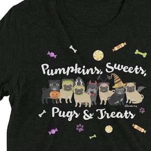 Haunted Halloween Black & Fawn Pugs in Costumes T-Shirt Tee Shirt, Short | Scribble Pug Dogs Cute October Fall Autumn Pumpkin Witch Candy