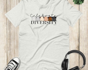 Celebrate Diversity Multi-colored Pugs Unisex T-shirt Tee Shirt by Scribble Pug | Silver Fawn Apricot Brindle Black Pugs Dogs Lover Gift