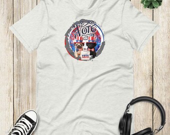Patriotic Vote Fawn & Black Pugs Unisex Tee Shirt T-shirt by Scribble Pug | Political Politics Dog Top Clothes Liberal Conservative