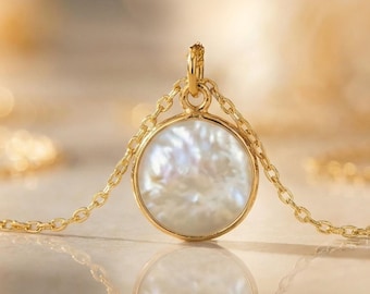 14K Gold Filled Mother of Pearl Necklace, Minimalist Pearl Pendant, Layering Jewelry