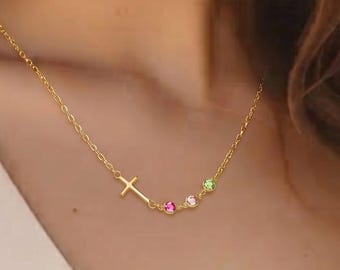 Cross Birthstone Necklace, Family Tree Necklace, Tiny Birthstone Cross Necklace, Christian Gift for Mom, Personalized Family Jewelry for Her