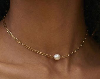 Freshwater Pearl Necklace, Gold Paperclip Chain Necklace, Solitaire Pearl Necklace 14K Gold Filled, Minimalist Jewelry Gift for Her
