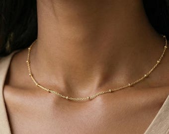 Gold Satellite Choker Necklace, Dainty Beaded Choker, Minimalist Layering Necklace, Tiny Gold Choker Jewelry, Delicate Everyday Necklace