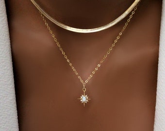 Dainty Opal Star Necklace, Gold Celestial Jewelry, Gift for Her, Sunburst Opal Birthday Starburst Jewelry Gold Charm Pendant