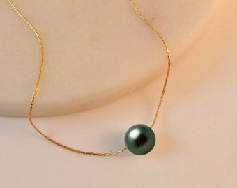 Real Tahitian Pearl Necklace Peacock, Floating Pearl Choker, Dainty Tahitian Pearl Necklace, Minimalist Luxury Pearl Jewelry, Birthday Gift