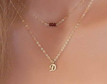 Dainty Initial Necklace, Gemstone Necklace for Woman, Gift for Her, Layered Initial Birthstone, Custom Gemstone, Girlfriend Gift