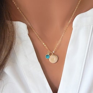 Initial Birthstone Necklace, Gift Her, Mother Daughter Jewelry, Gold Silver Letter, Kids initials, Dainty Birthday Gift