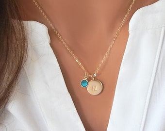 Initial Birthstone Necklace, Gift Her, Mother Daughter Jewelry, Gold Silver Letter, Kids initials, Dainty Birthday Gift