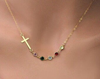Birthstone Necklace for Mom Family Birthstones, Dainty Cross Necklace, Mother Gift, Family Tree, Grandma Gift, 14K Gold Filled Chain