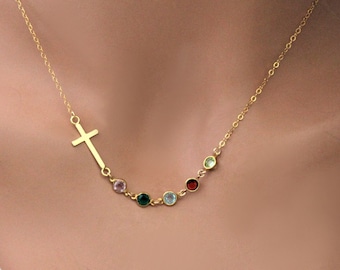 Birthstone Cross Necklace: Silver or Gold Family Tree Pendant