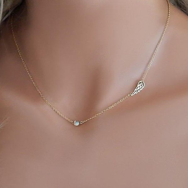 Birthstone Angel Wing Necklace for Women, Guardian Angel Baby Loss Miscarriage Sentimental Sympathy Gift for Her, Dainty Memorial