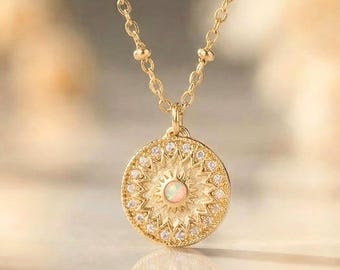 Gold Opal Sunburst Necklace, Pink Opal Coin Pendant, October Birthstone Necklace, Dainty Gold Layering Necklace, Celestial Jewelry Gift