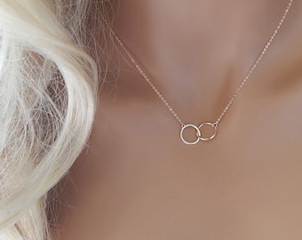 Eternity Circle Necklace, Mixed Metal Linked Circle Necklace, Gold and Silver Interlocking Circles, Double Circle, Minimalist Jewelry