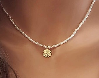 Freshwater Pearl Necklace: 14K Gold Sand Dollar Charm, Coastal Jewelry
