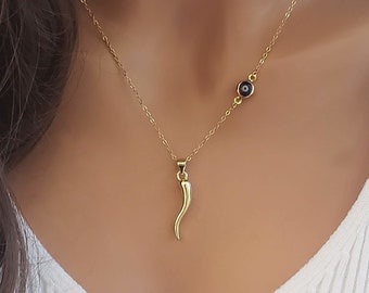 Evil Eye Italian Horn Necklace Gift for Women, Symbolic Protection from Negative Energy, Symbolic Talisman, Attracts Positivity and Luck