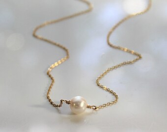 Gold Filled Freshwater Pearl Pendant Necklace: Minimalist Bridal Jewelry