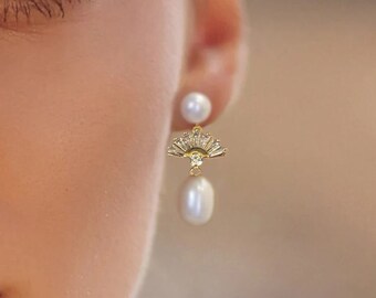 Dainty Freshwater Pearl Drop Bridal Earring, CZ Fan Charms, Elegant Pearl Dangle Earrings, Ideal for Wedding, Prom, Sterling Silver Posts