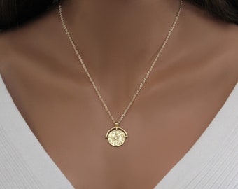 Gold Coin Necklace, Medallion Pendant Necklace Gift for Women, Vintage Style Dainty Minimal Boho Gift for Her Handmade Jewelry