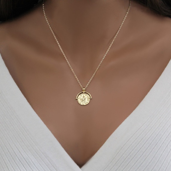 Gold Coin Necklace, Medallion Pendant Necklace Gift for Women, Vintage Style Dainty Minimal Boho Gift for Her Handmade Jewelry