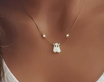 Opal Ghost Necklace, Halloween Necklace, Dainty Ghost Choker, Cute Spooky Jewelry, Minimal Opal Pendant, October Gift for Her