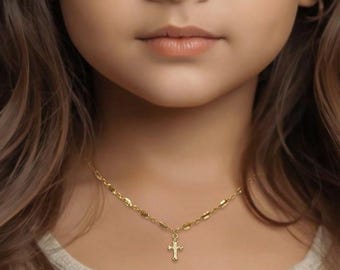 Cross Necklace for Toddlers, Dainty Gold Filled Cross Necklace, Sequin Chain Necklace for Girls, Religious Jewelry Gift for Children