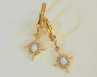 Gold Opal Star Hoop Earrings: Dainty Celestial Jewelry