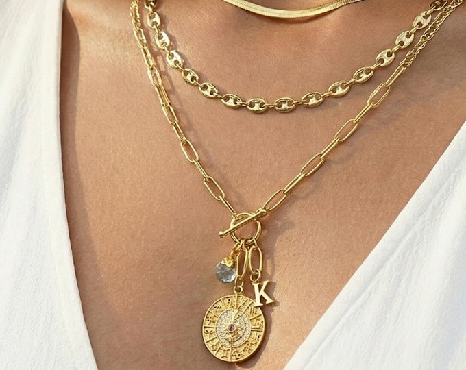Personalized Zodiac Birthstone Necklace: Gold Celestial Initial Charm