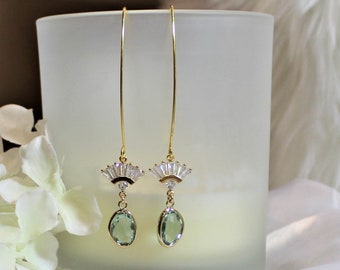 Bridal Earrings, Long Green Boho Bridesmaid Earrings, Dainty Light Sage Green Gold Fan Dangle, Minimal Long Drop Wedding Necklace Set