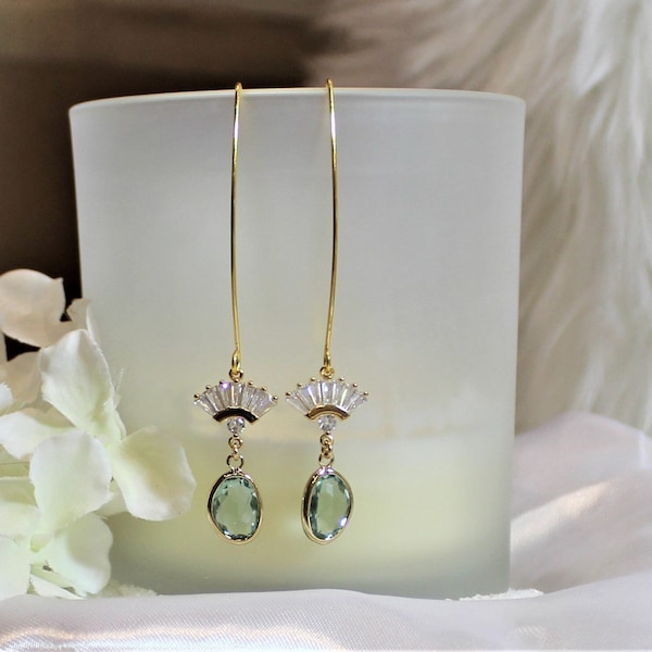 Bridal Earrings, Long Green Boho Bridesmaid Earrings, Dainty Light Sage Green Gold Fan Dangle, Minimal Long Drop Wedding Necklace Set