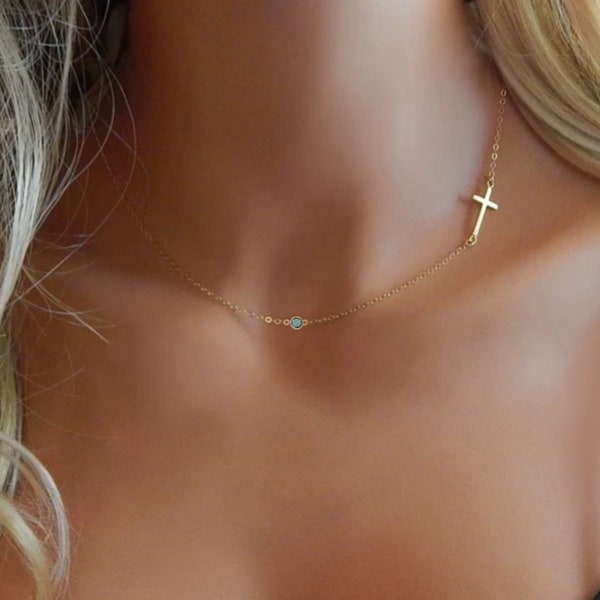 Cross Birthstone Necklace Dainty Sideways Cross Christian Choker for Women Tiny Gold Silver Mother Daughter Birthstone Jewelry Personalize