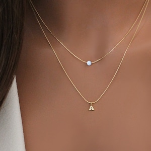 Layered Initial Necklace, Gold Letter and Gemstone Necklace, Personalized Birthstone Necklace, Dainty Layering Jewelry Gift for Her