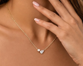 Toi et Moi Necklace, Pearl and Teardrop CZ Pendant, Bridal Wedding Jewelry