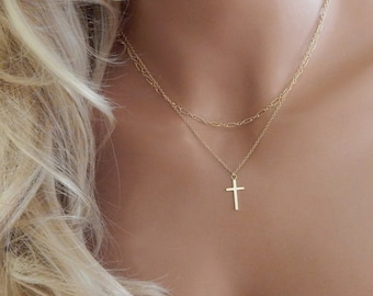 Gold Cross Necklace for Women, Dainty Baptism Cross Necklace, Small Gold Cross, Minimalist Silver Rose Gold Cross, Religious Christian Charm