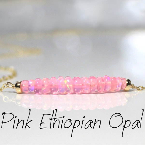 Pink Opal Necklace, Real Opal Gemstone Bar, October Birthstone, Genuine Pink Opal Fire Ethiopian, Rose Gold Silver Choker Birthday Gift