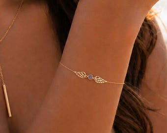Gold Angel Wing Bracelet: Personalized Birthstone Memorial Jewelry