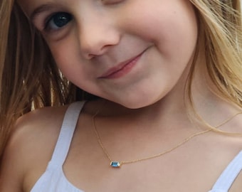 Dainty Birthstone Necklace: 24K Gold Sterling Silver Baguette Charm