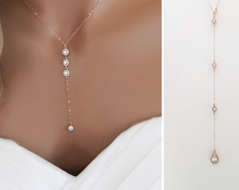 Wedding Lariat Necklace, Diamond CZ Lariat Y Necklace, Dainty Lariat, Bridal Backdrop, Jewelry Prom Special Event, Wedding Backdrop Necklace