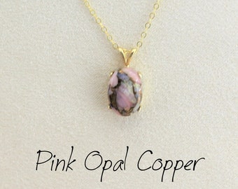 Opaal ketting, handgemaakte roze opaal koperen cadeau voor haar, goud gevulde ketting, minimalistische ketting