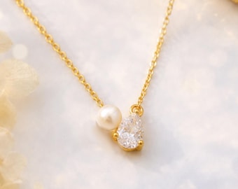 Wedding Necklace, Toi et Moi Necklace, Pearl and Teardrop CZ Pendant, Bridal Jewelry