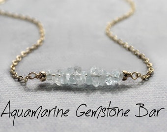 Aquamarine Birthstone Necklace, March Birthday Gift for Mother Daughter Girlfriend Women, Aquamarine Personalized Bar Crystal Healing