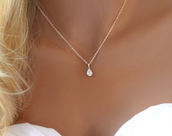 Diamond Teardrop Wedding Necklace – CZ Solitaire Bridal Pendant, Dainty Gold Bridal Jewelry, Elegant Bride Gift