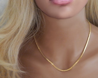 18k Gold Filled Herringbone Necklace, Gold Snake Chain, Thick Flat Layering Choker Gift for Her, Mothers Day Gift