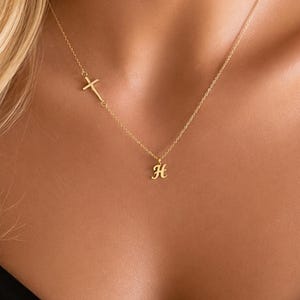 Sideways Cross Initial Necklace, Personalized Letter Necklace, Dainty Gold Cross, Christian Jewelry