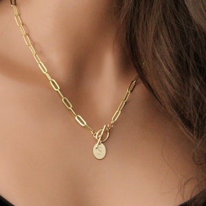 Personalized Initial Necklace: Gold Paperclip Chain Toggle Clasp