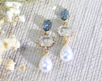 Something Blue Diamond Pearl Wedding Earrings, Crystal Boho Bridesmaid Gift, Handmade with Matching Necklace