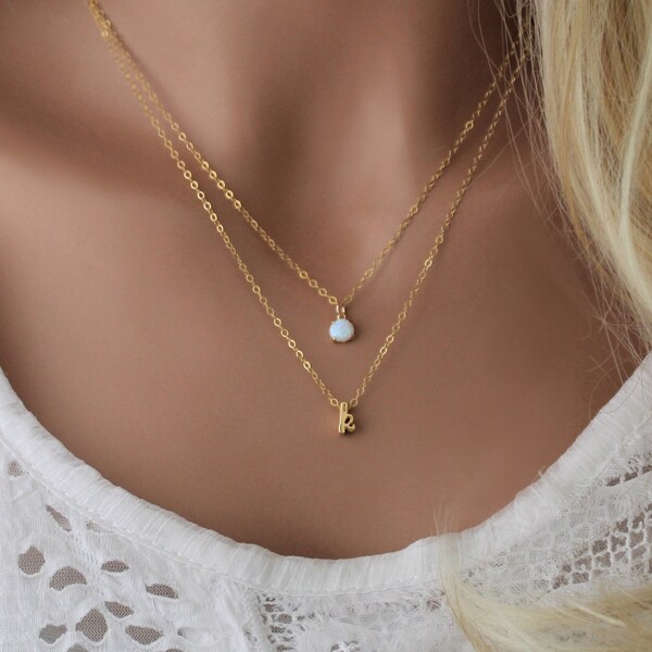 Opal Initial Necklace Gift for Mother Daughter Girlfriend Bridesmaid, Layered Letter Jewelry, Minimal Gold Jewelry, Personalized Initial
