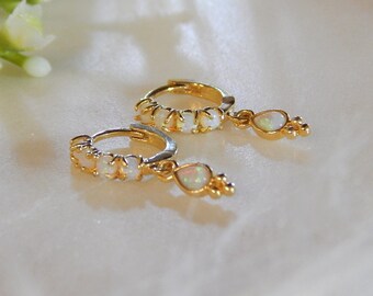 Gold Opal Huggie Earrings, Dainty Dangle Hoops, October Birthstone Jewelry