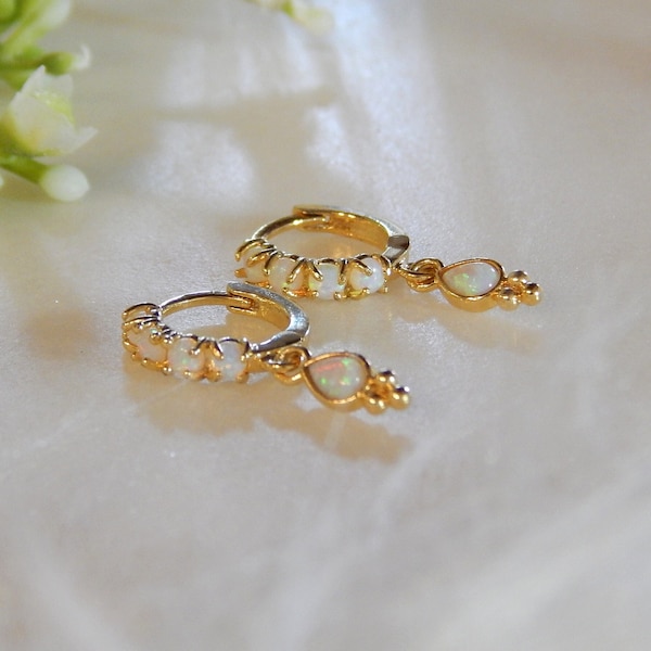 Gold Opal Huggie Earrings, Dangle Hoops for Women, Minimal Earrings, Dainty Fire Opal Gift for Her, Bridesmaid Jewelry,